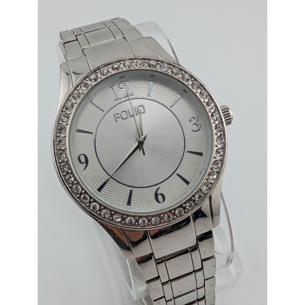 Folio Women's Watch 37mm Case Crystal Bezel Silver 7" Band- New Battery